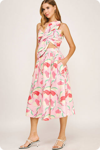 Knotted Flower Bow Floral Midi Dress