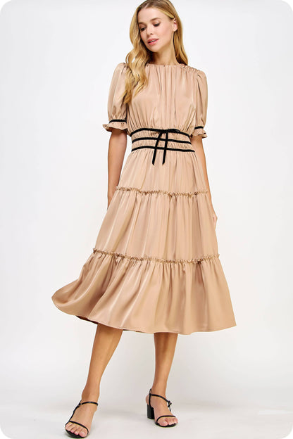 Velvet Trim Ruched Satin Midi Dress