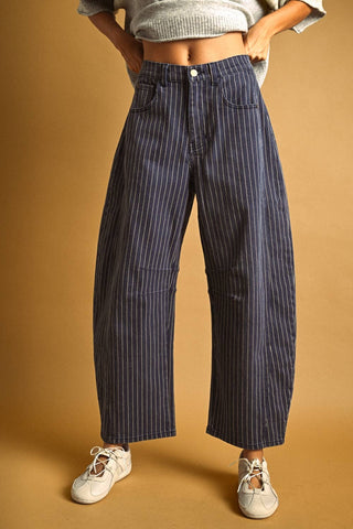 PINSTRIPED PATTERN BARREL PANTS