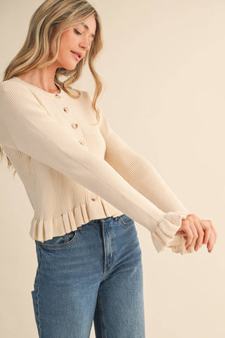 RUFFLE HEM RIBBED KNIT SWEATER CARDIGAN