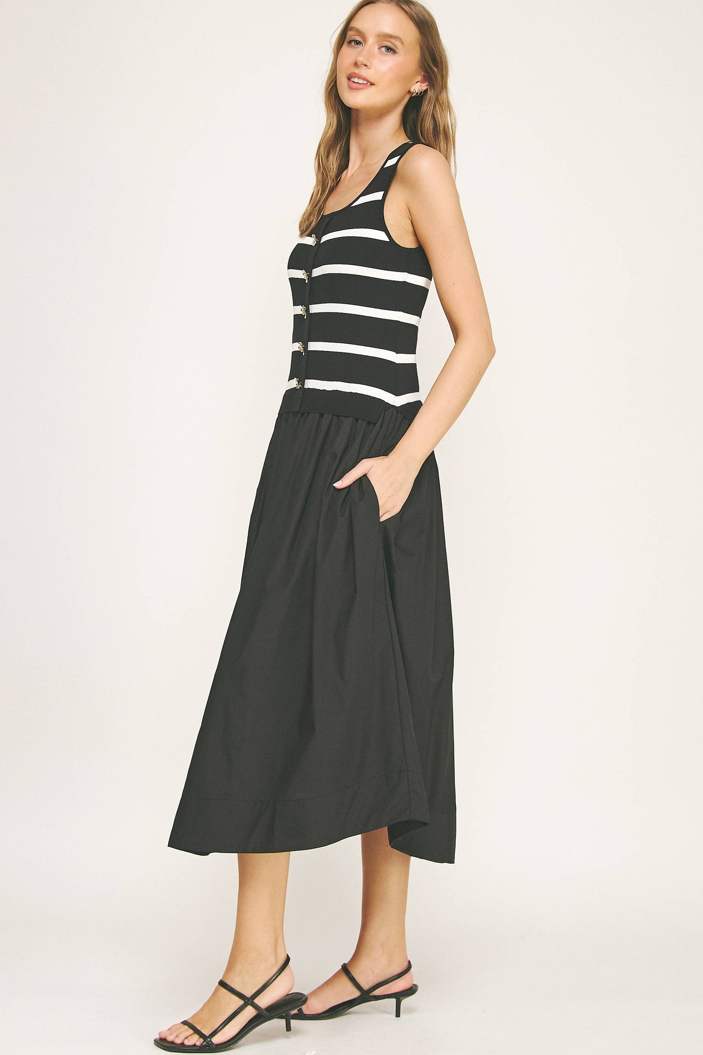 Mixed Media Striped Knit Midi Dress