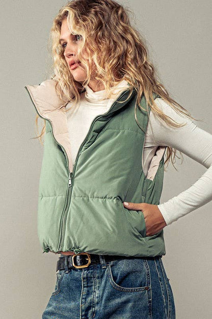 Cozy N Cute Reversible Stand Collar Cropped Puffer Vest