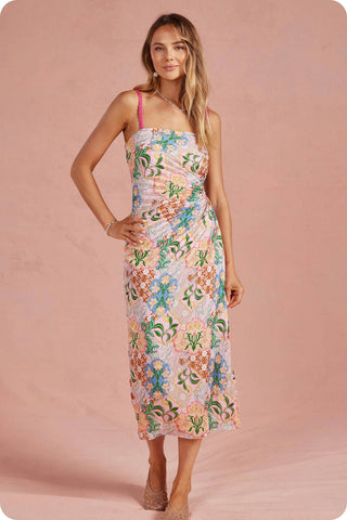 Summer in the Garden Pleated Satin Midi Dress