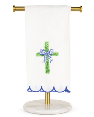 Boxwood Cross Scalloped Hand Towel   White/Green   20x28