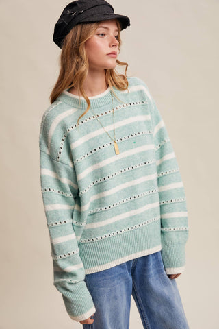Striped Open-Stitch Pullover Sweater