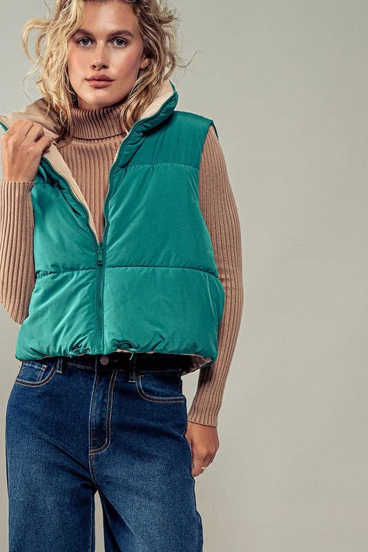 Cozy N Cute Reversible Stand Collar Cropped Puffer Vest