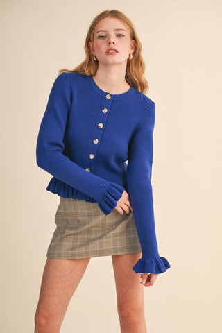 RUFFLE HEM RIBBED KNIT SWEATER CARDIGAN