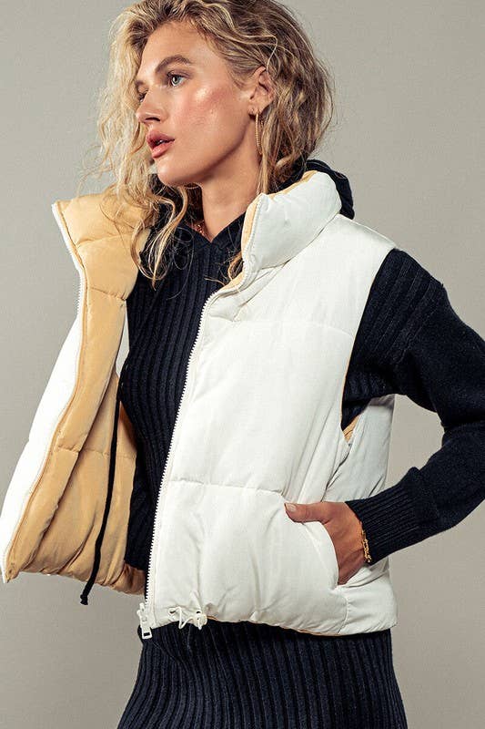 Cozy N Cute Reversible Stand Collar Cropped Puffer Vest
