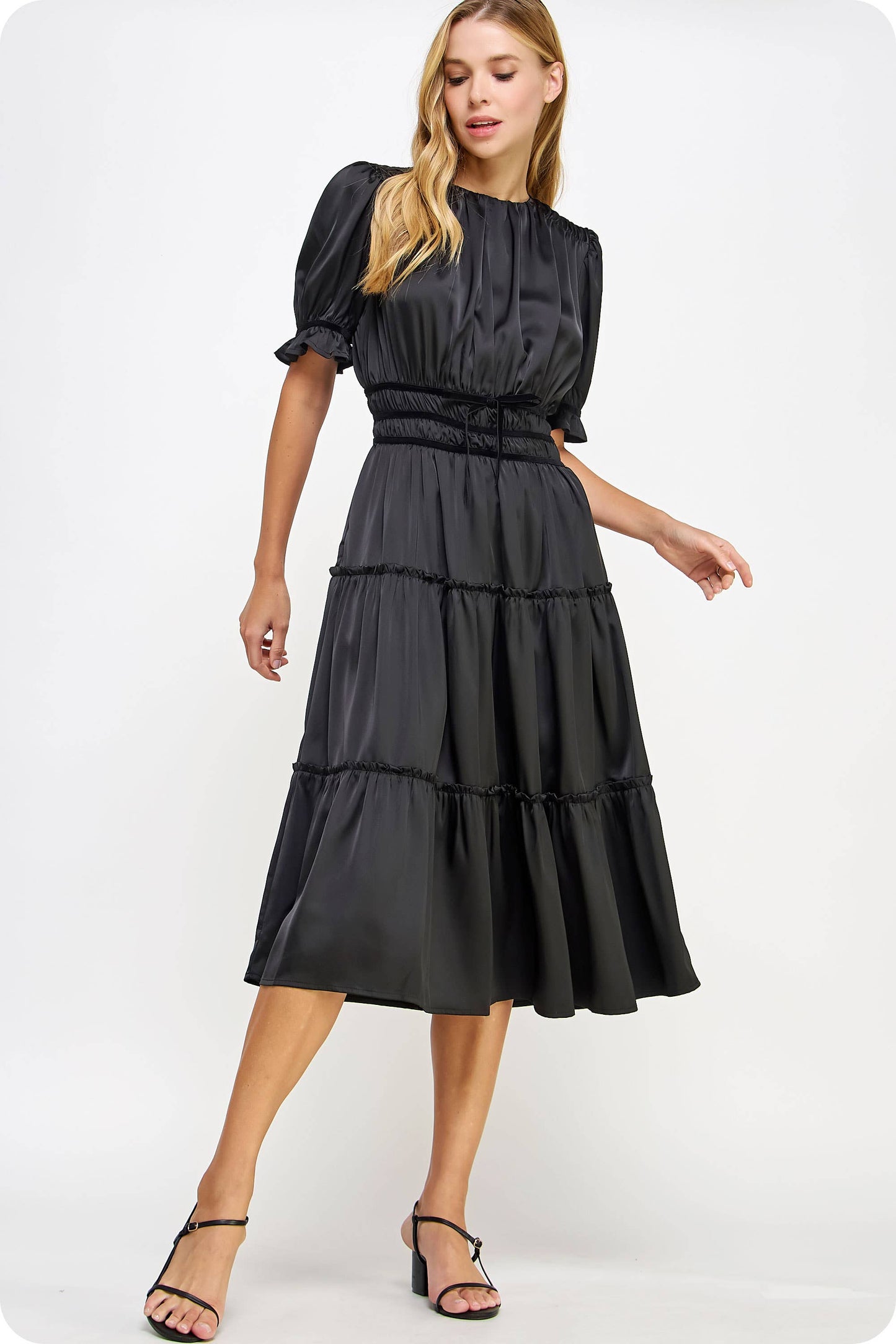 Velvet Trim Ruched Satin Midi Dress