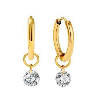 Huggie Hoop- Crystal Drop Charm Hoop Earrings Steel 14K 