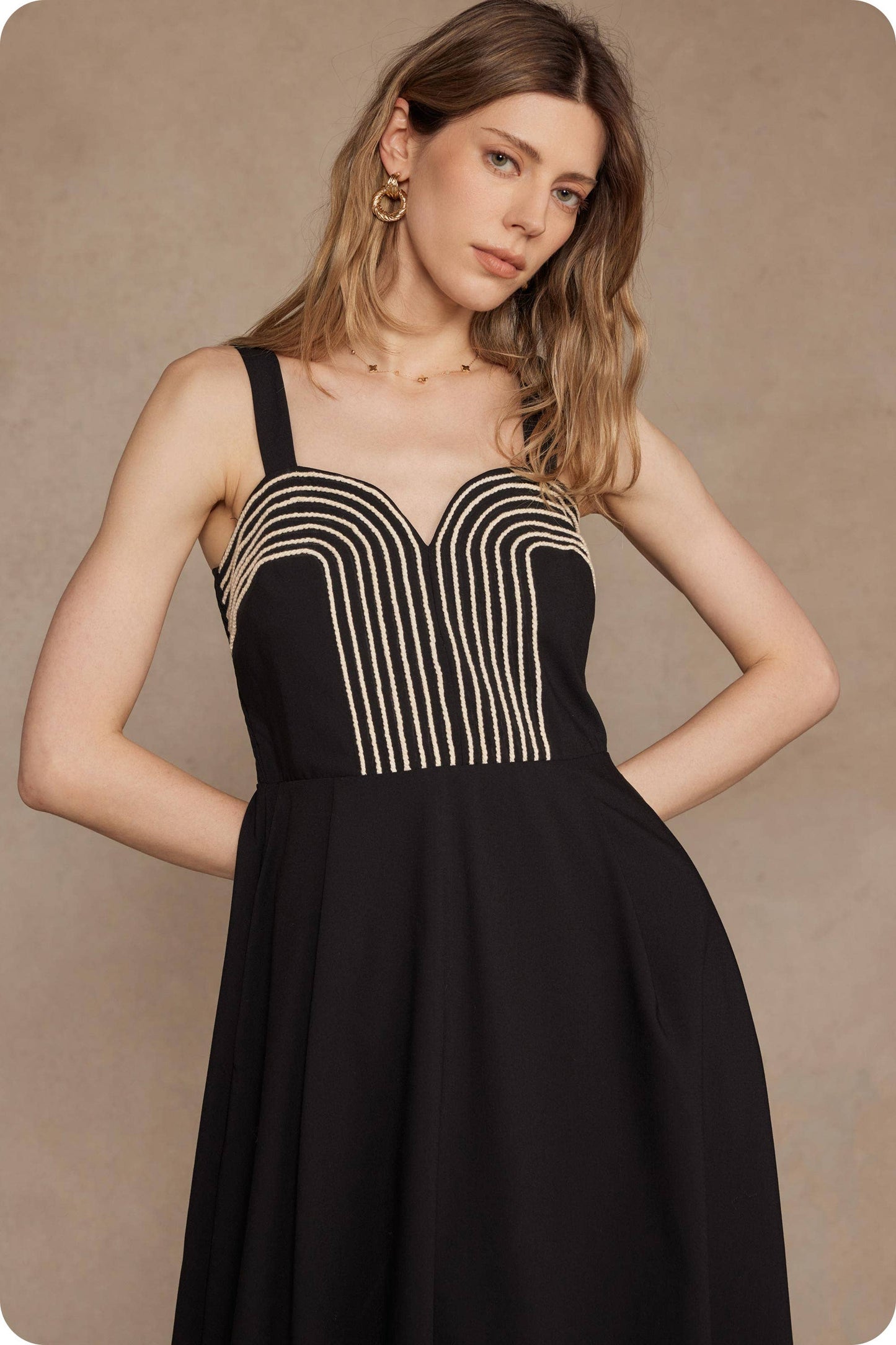 Braid Embroidery Detail Pleated Midi Dress