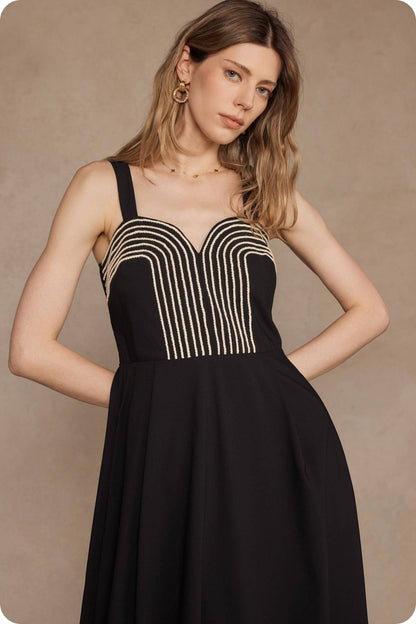 Braid Embroidery Detail Pleated Midi Dress