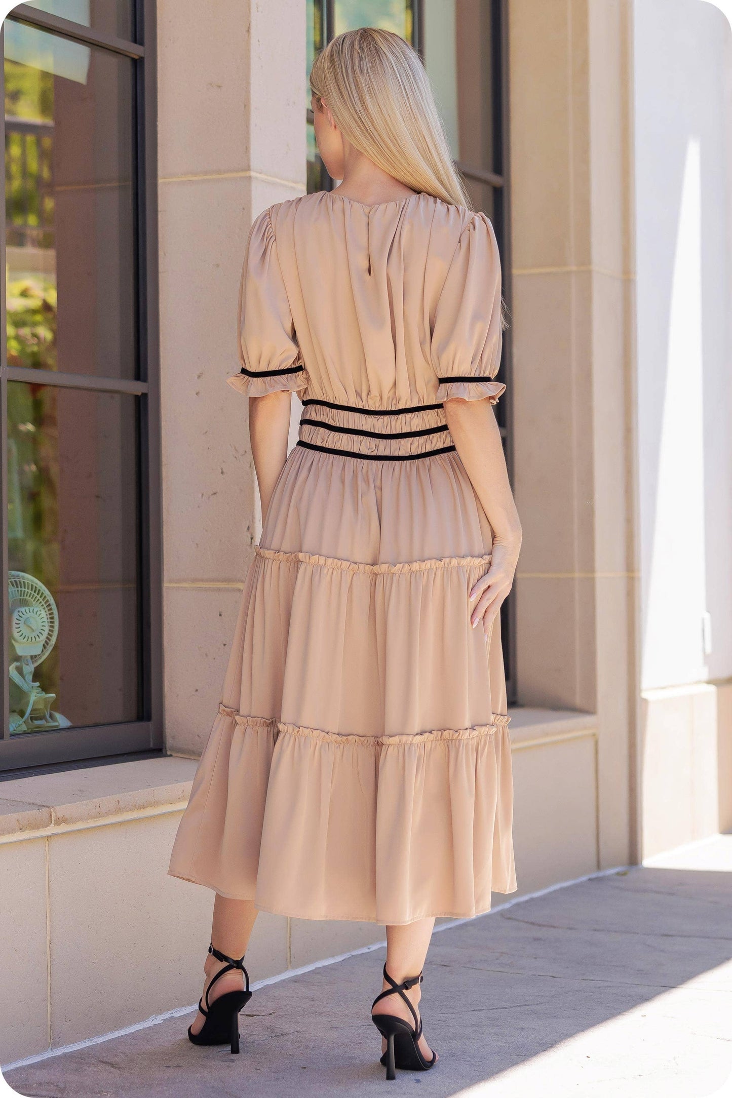 Velvet Trim Ruched Satin Midi Dress