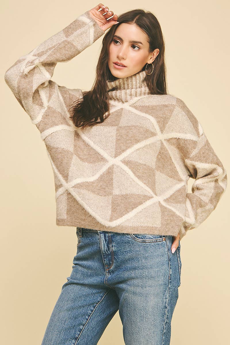 DIAMOND PATTERN TURTLE NECK SWEATER - 6354WS