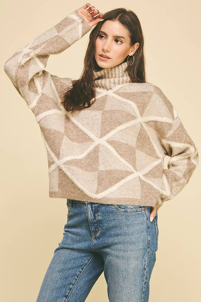 DIAMOND PATTERN TURTLE NECK SWEATER - 6354WS