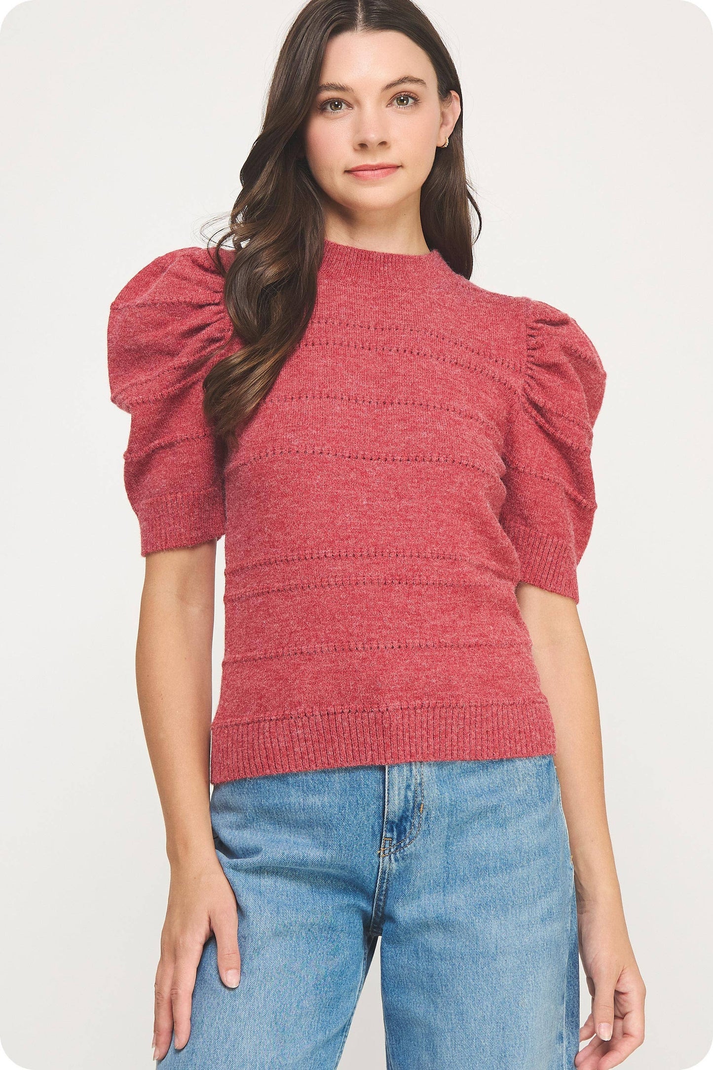 Mock Neck Puff Sleeve Pointelle Knit Sweater Top