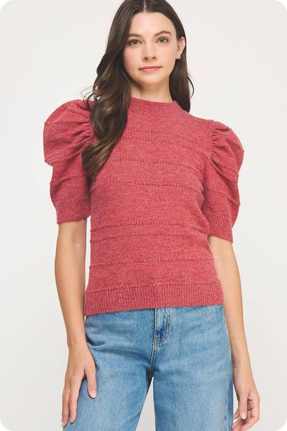 Mock Neck Puff Sleeve Pointelle Knit Sweater Top