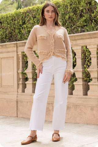 Frayed Trim Textured Cardigan