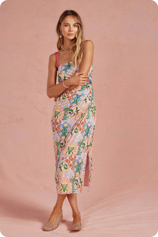 Summer in the Garden Pleated Satin Midi Dress