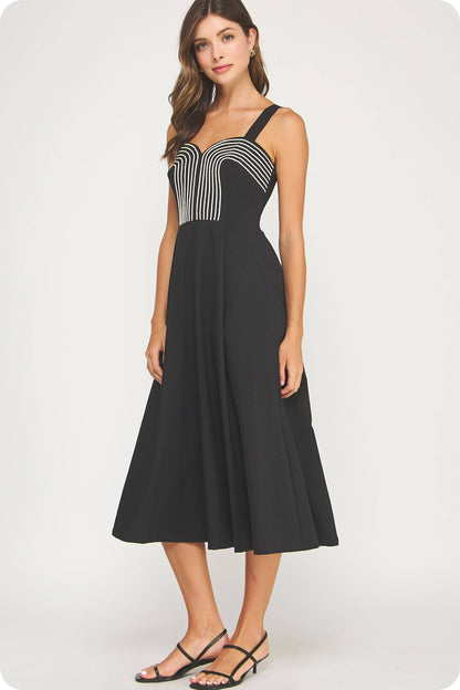 Braid Embroidery Detail Pleated Midi Dress