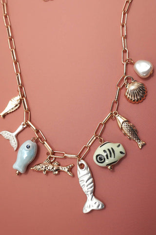 CHARM NECKLACE-OCEAN PORCELAIN FISH SEASHELL