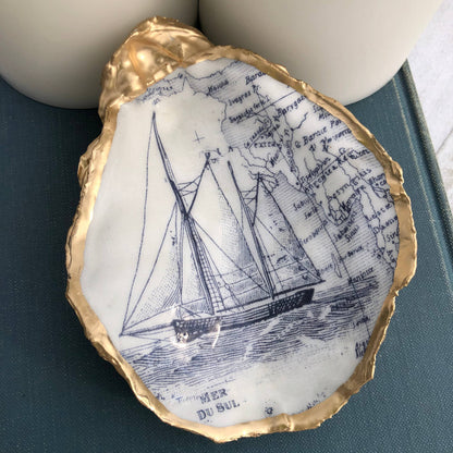 Decoupage Oyster Ring Dish--White Sailboat Print