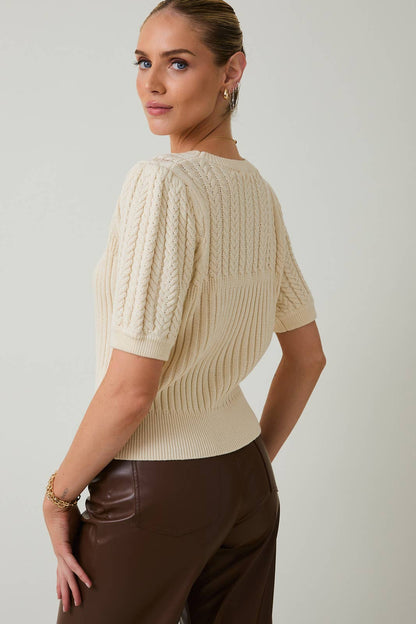 ROUND NECK PUFF SHORT SLEEVE CABLE SWEATER