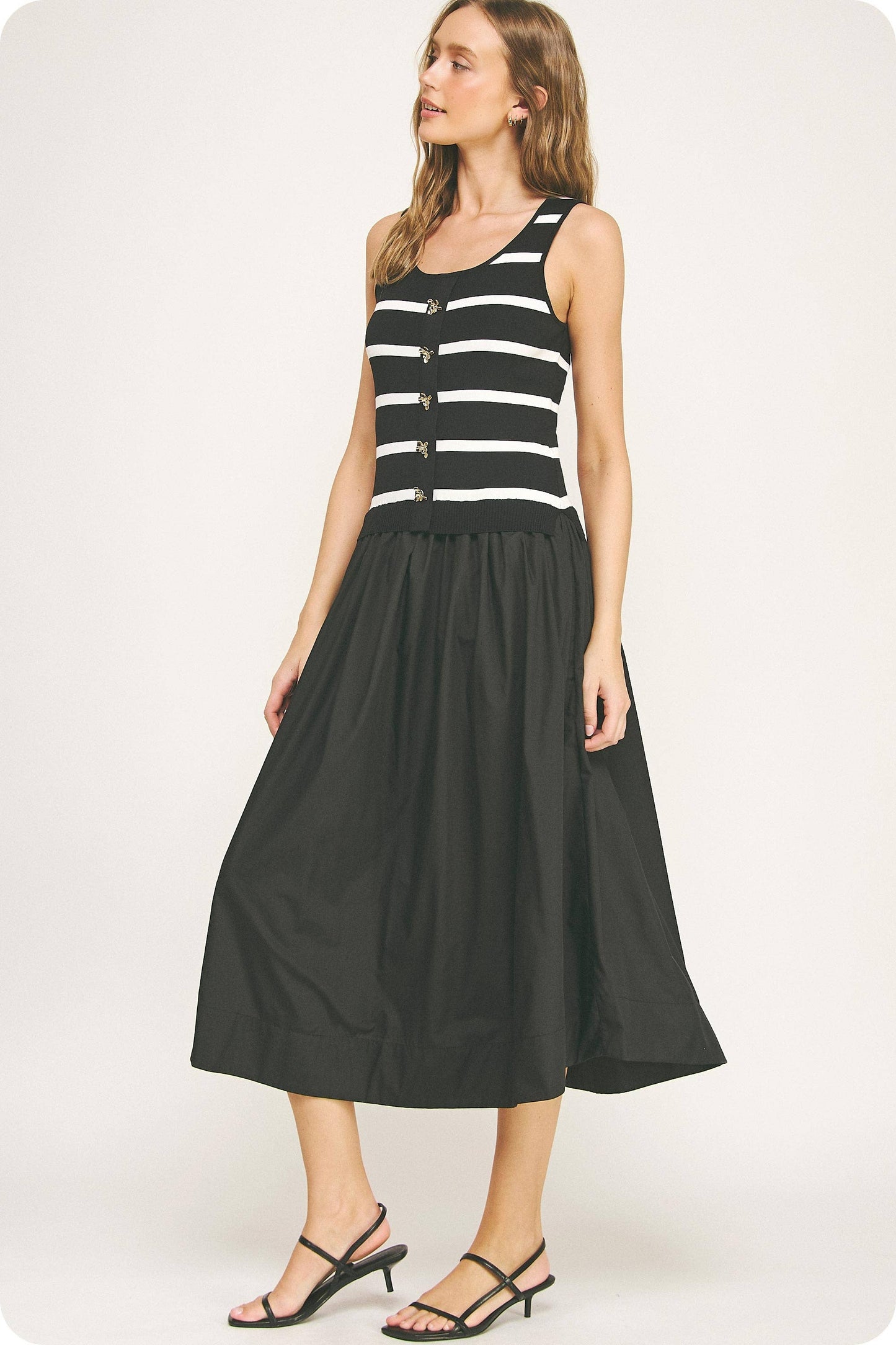Mixed Media Striped Knit Midi Dress