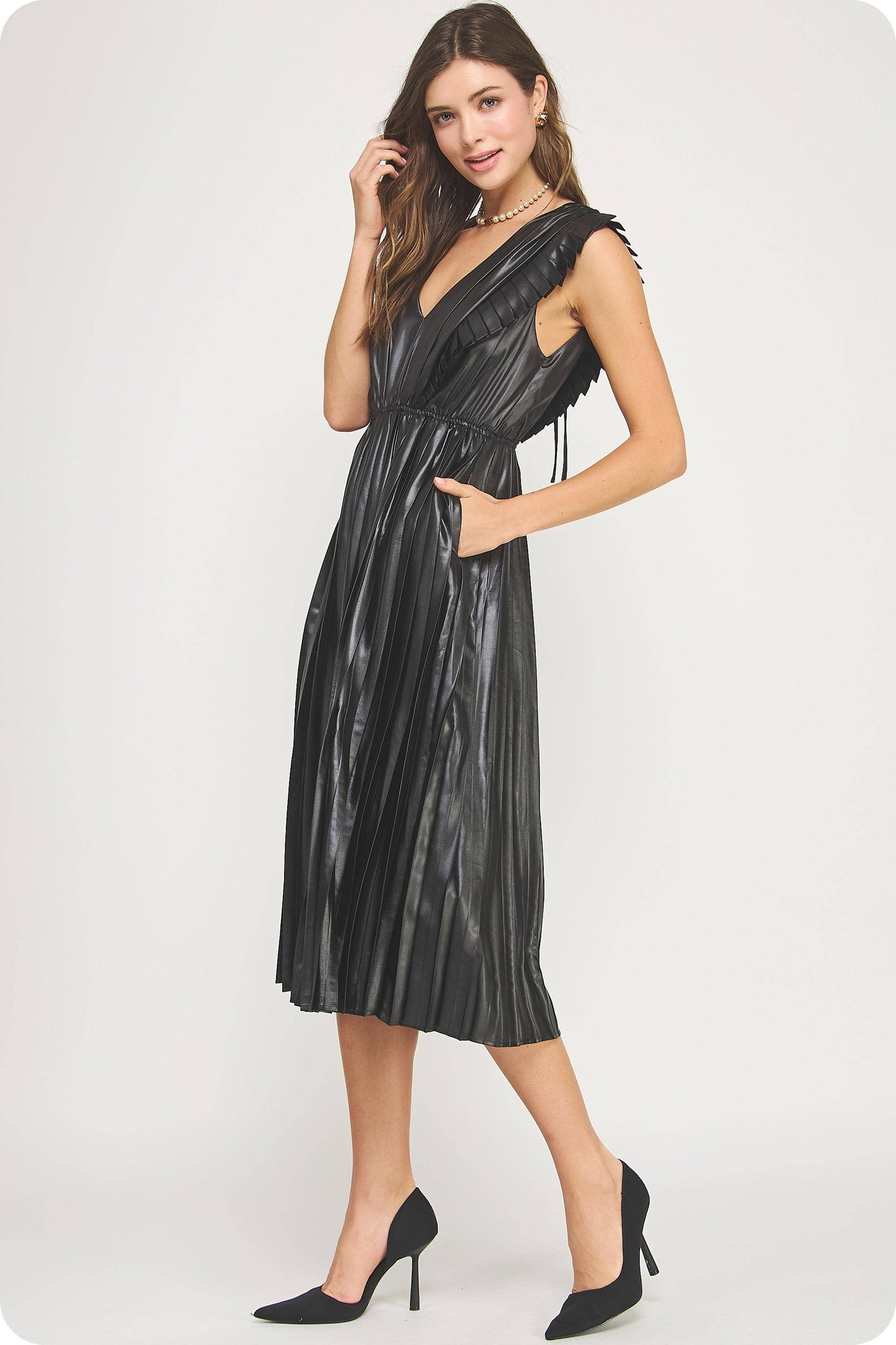 Lady in Luxe Sleeveless Pleated Satin Midi Dress