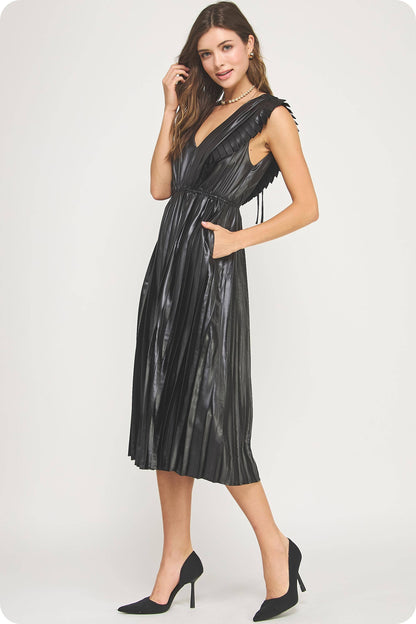 Lady in Luxe Sleeveless Pleated Satin Midi Dress