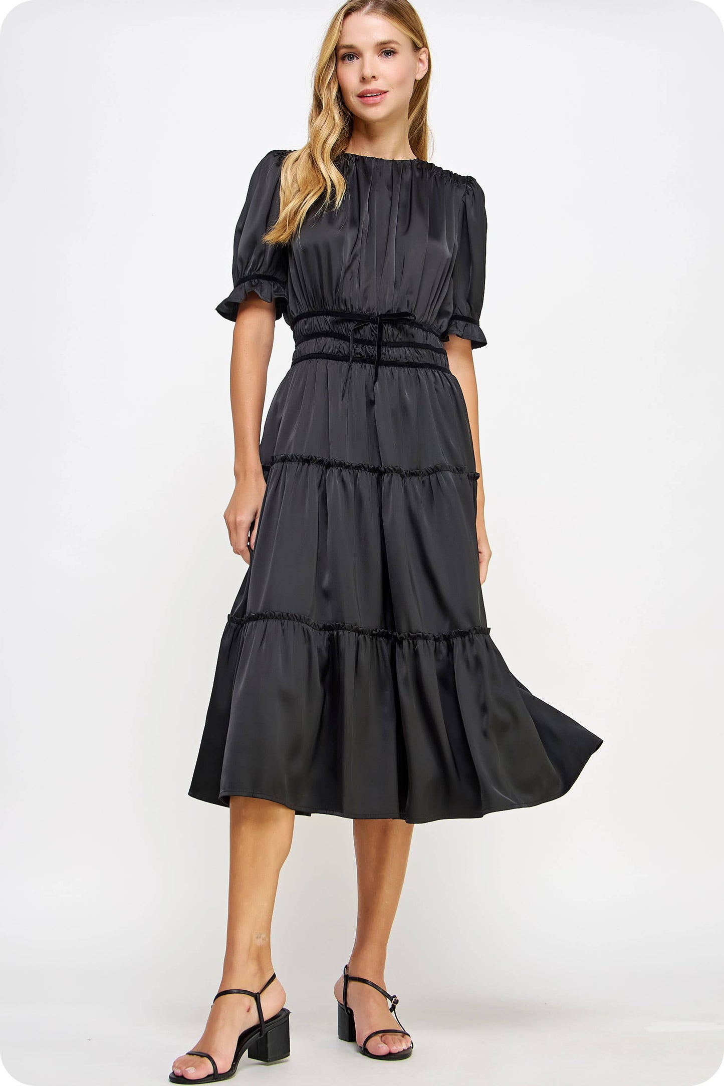 Velvet Trim Ruched Satin Midi Dress