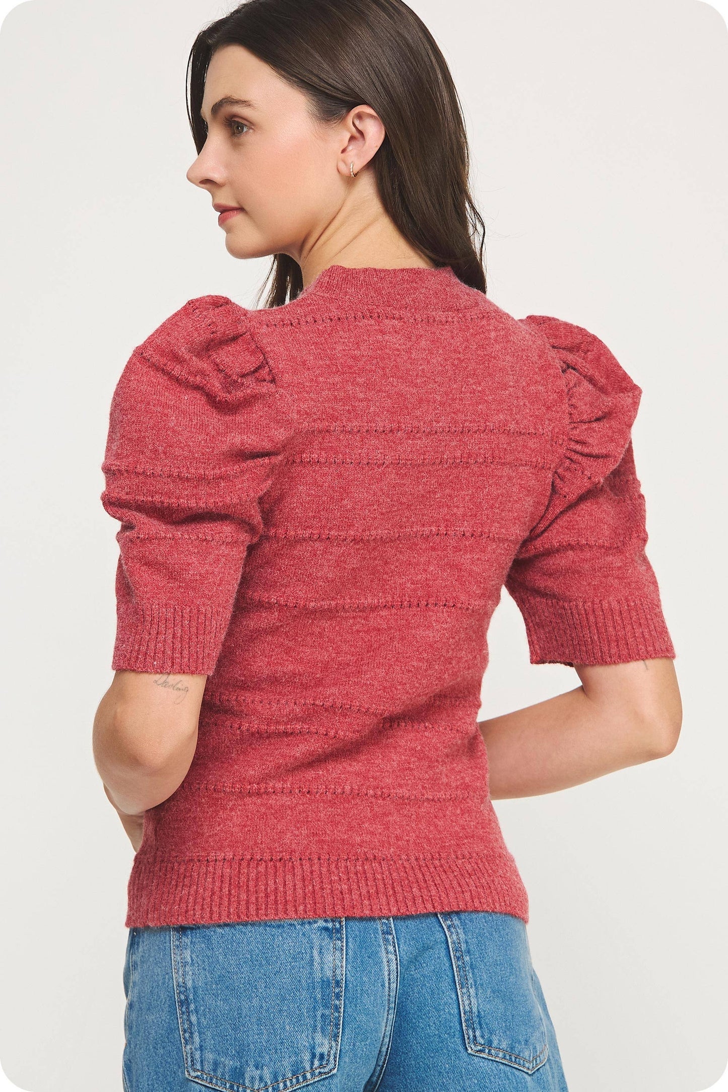 Mock Neck Puff Sleeve Pointelle Knit Sweater Top