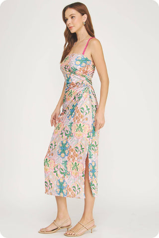 Summer in the Garden Pleated Satin Midi Dress