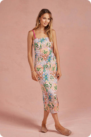 Summer in the Garden Pleated Satin Midi Dress
