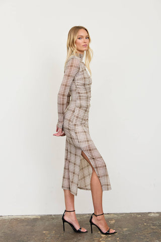 PLAID MESH MIDI DRESS