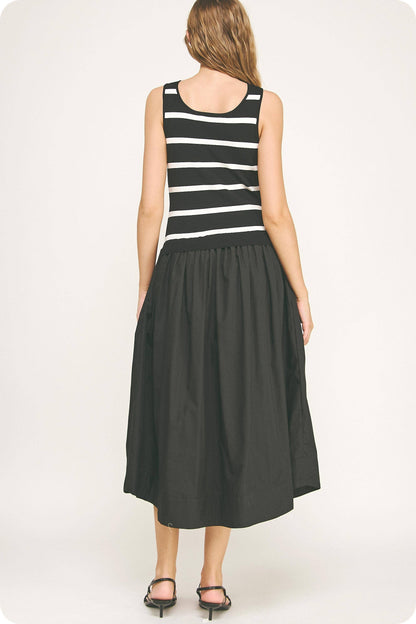 Mixed Media Striped Knit Midi Dress