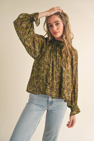FLORAL LUREX BALLOON SLEEVE TOP