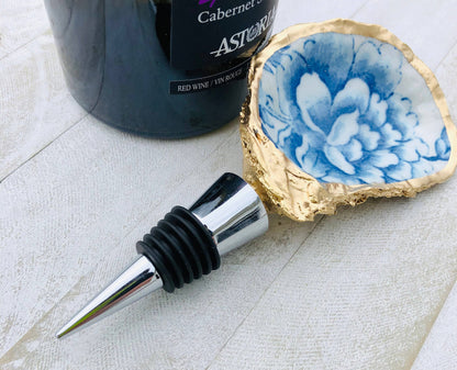 Oyster Shell Wine Stopper--Blue And White Chinoiserie