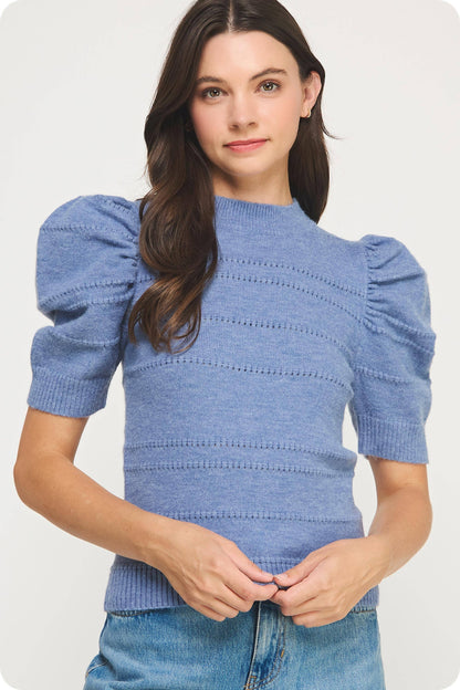 Mock Neck Puff Sleeve Pointelle Knit Sweater Top