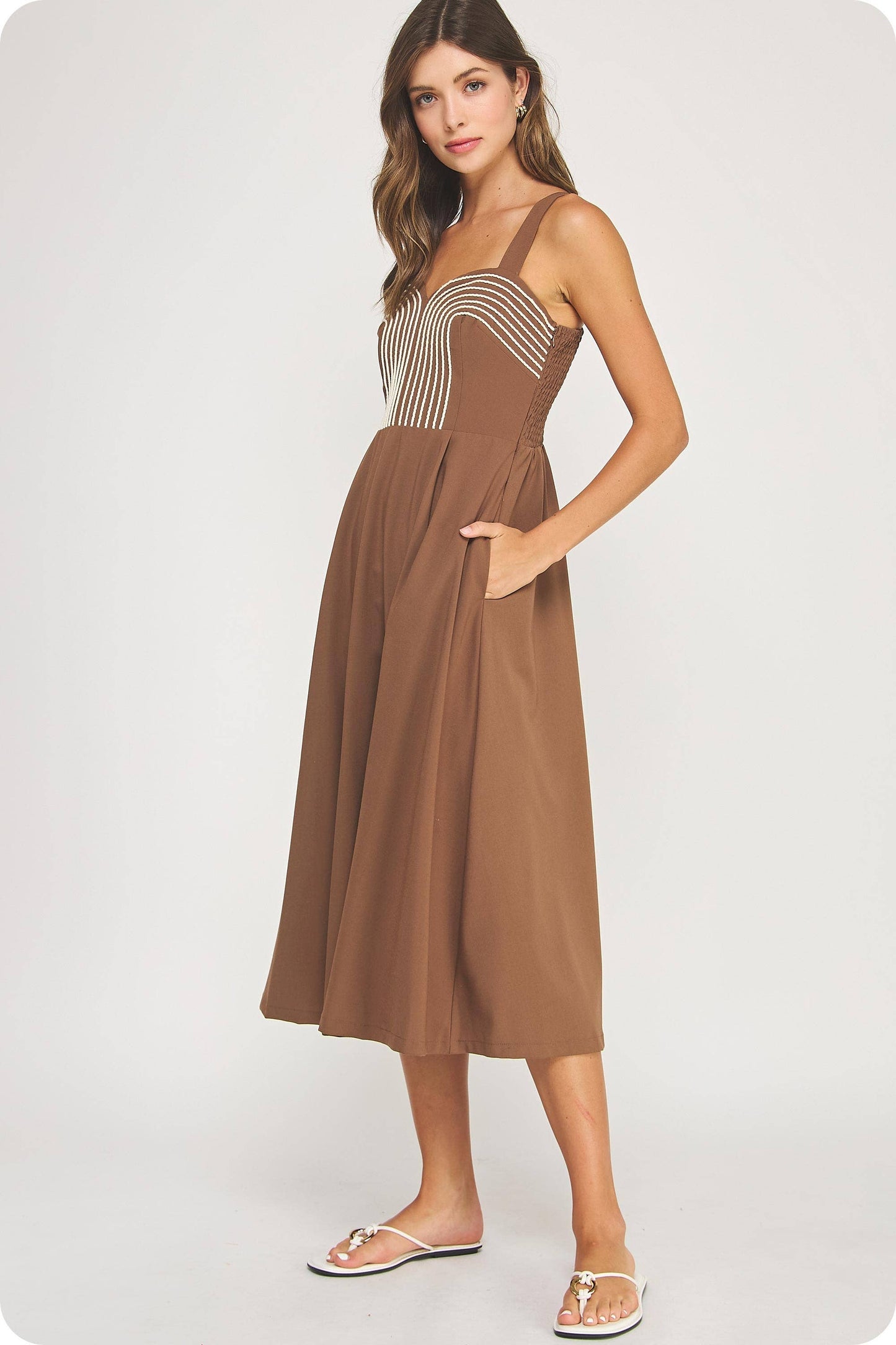 Braid Embroidery Detail Pleated Midi Dress