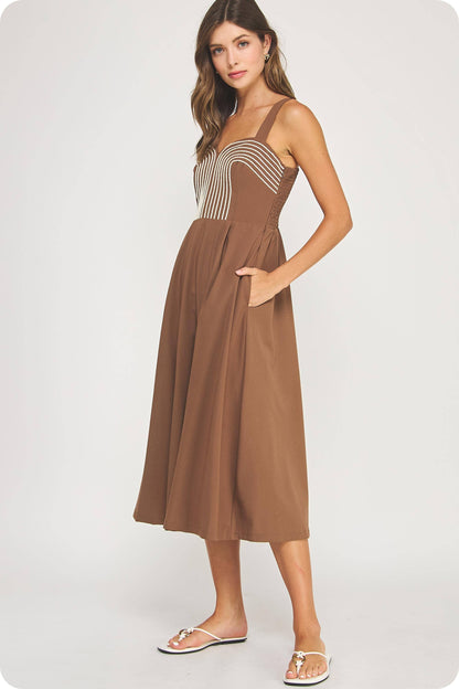 Braid Embroidery Detail Pleated Midi Dress