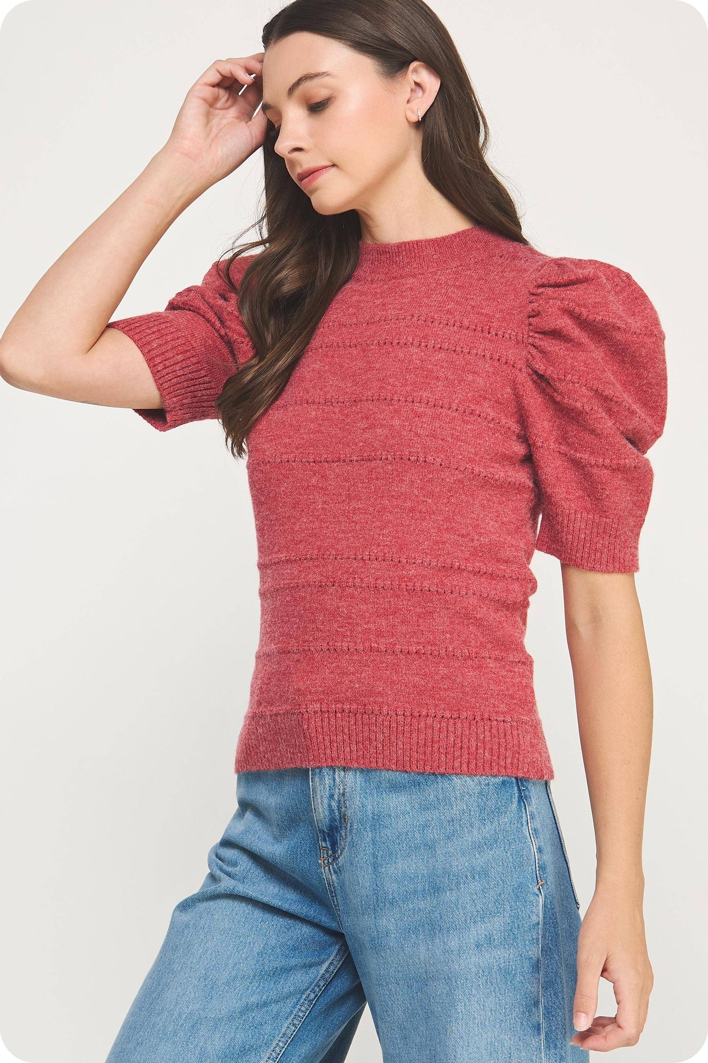 Mock Neck Puff Sleeve Pointelle Knit Sweater Top