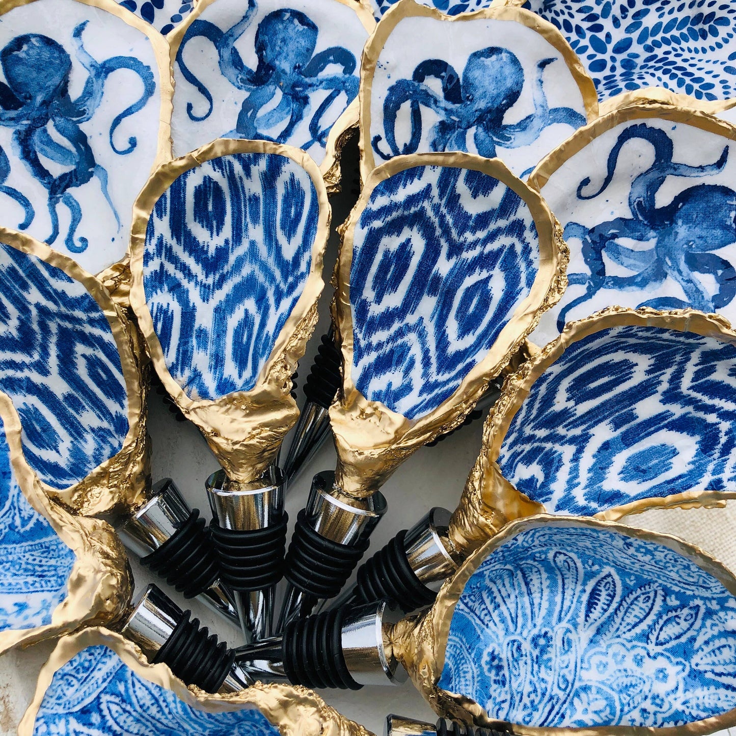 Oyster Shell Wine Stopper--Blue Ikat