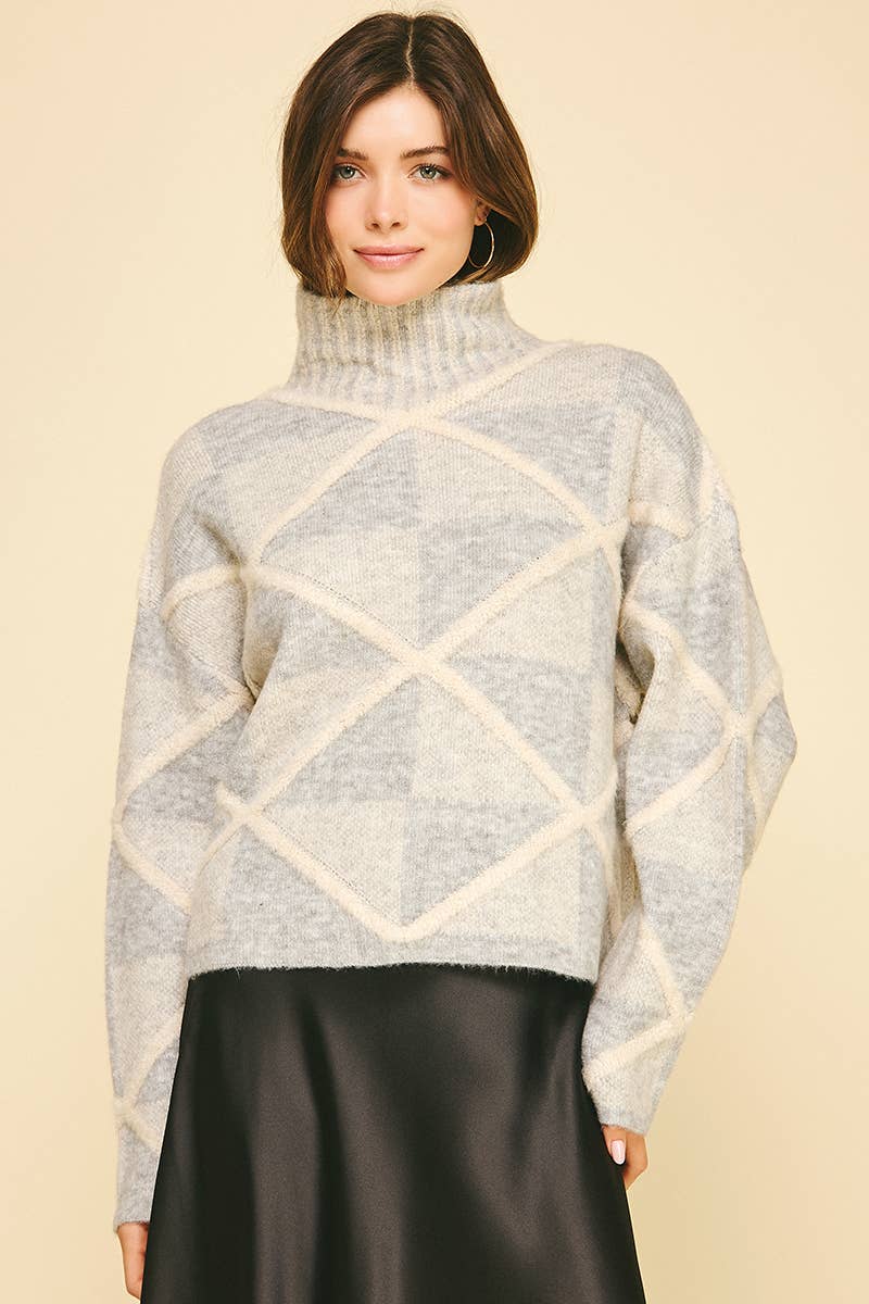DIAMOND PATTERN TURTLE NECK SWEATER - 6354WS