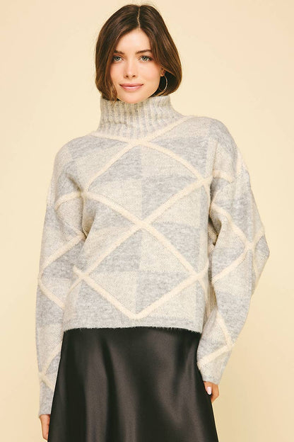 DIAMOND PATTERN TURTLE NECK SWEATER - 6354WS