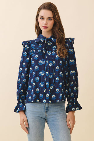 Blue Meadow Ruffle Bow Top