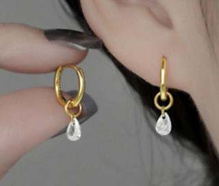 Huggie Hoop- Crystal Drop Charm Hoop Earrings Steel 14K 