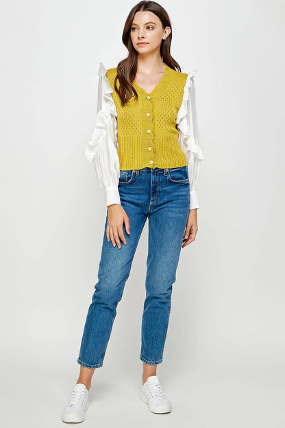 Mixed Fabric Ruffled Sleeve Crochet Knit Sweater