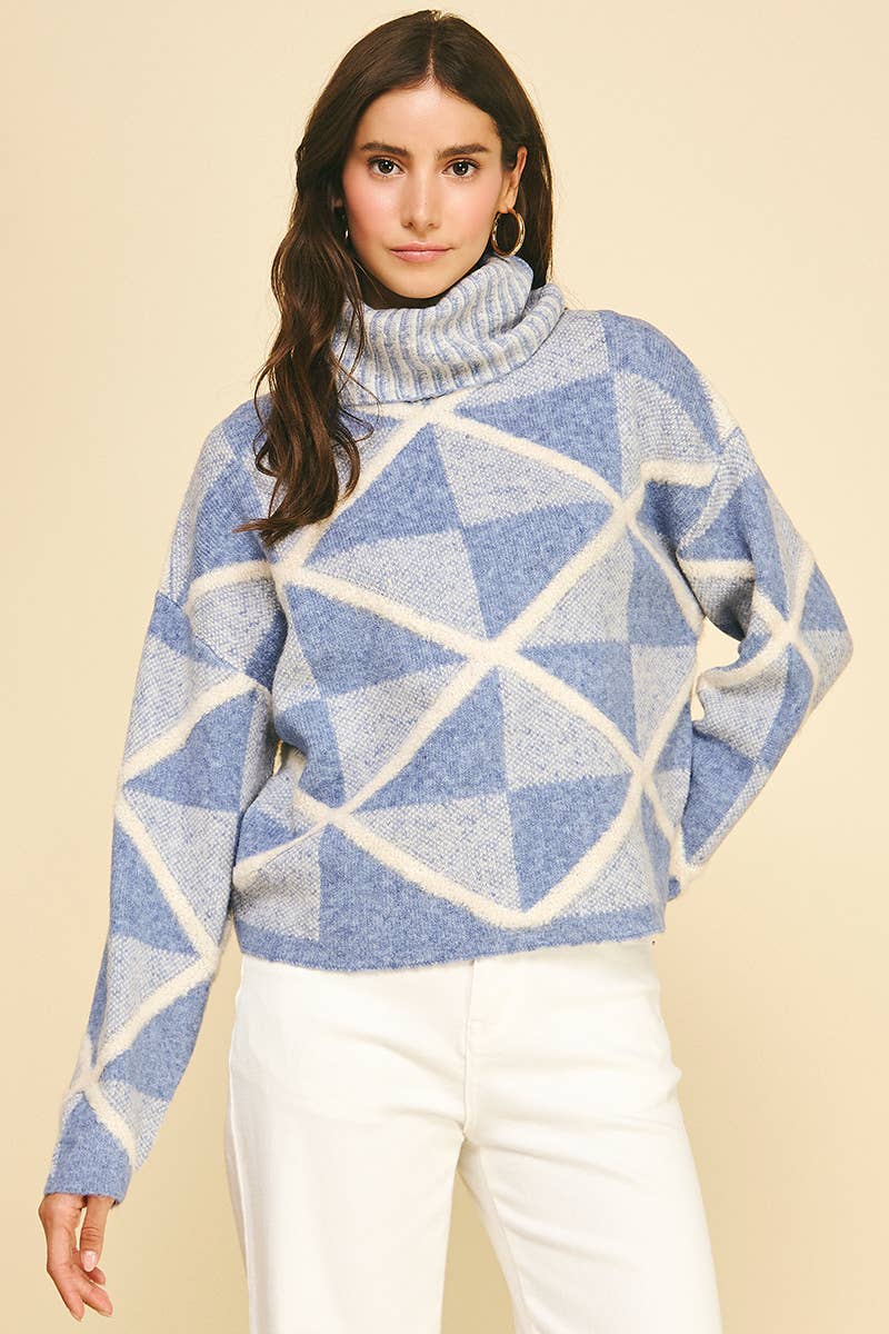 DIAMOND PATTERN TURTLE NECK SWEATER - 6354WS
