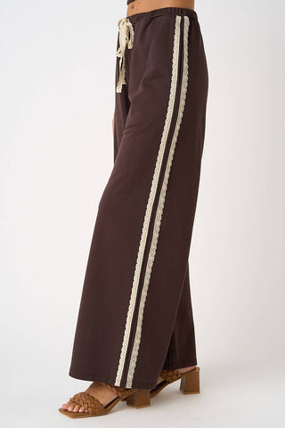 LACE STRIPED ELASTIC WAIST TERRY SWEATPANTS